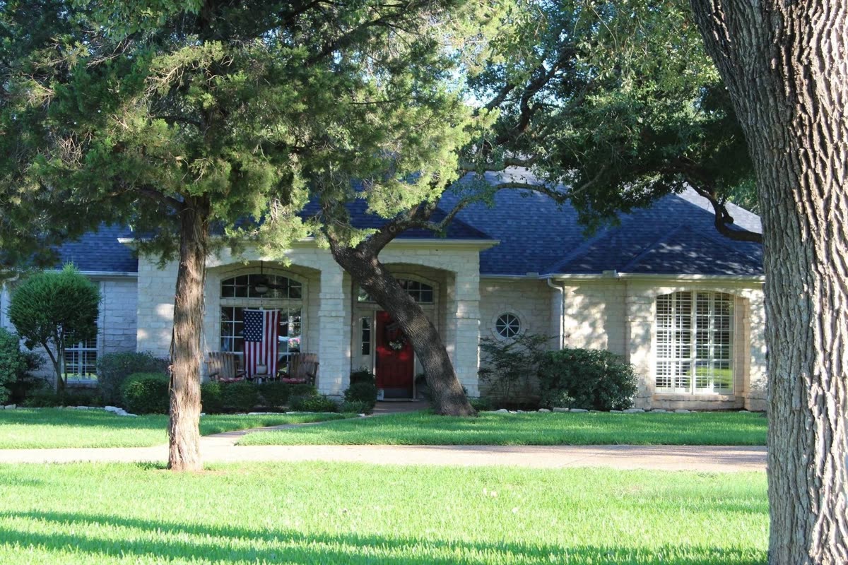 A single-story house with a dark shingle roof behind two big trees